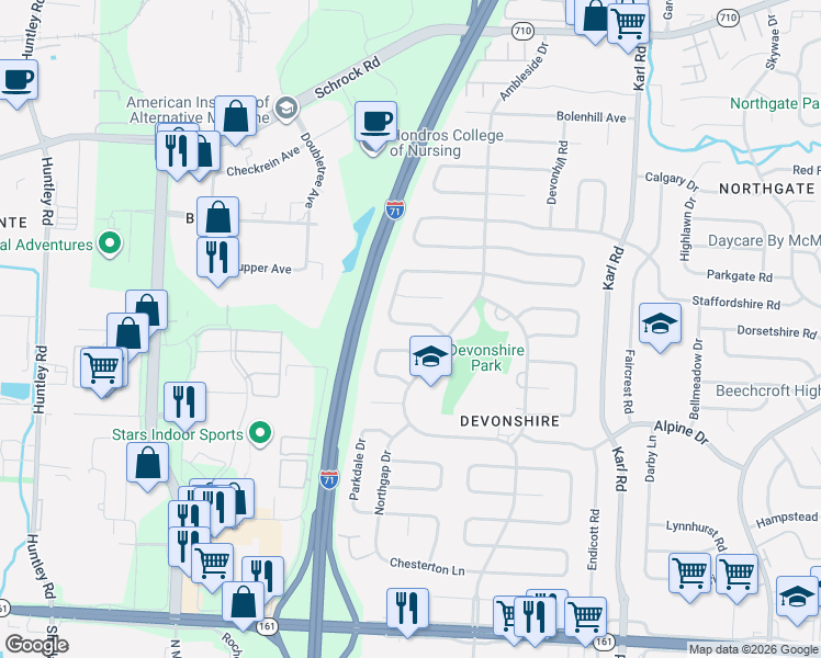 map of restaurants, bars, coffee shops, grocery stores, and more near 1255 Kildale Square South in Columbus
