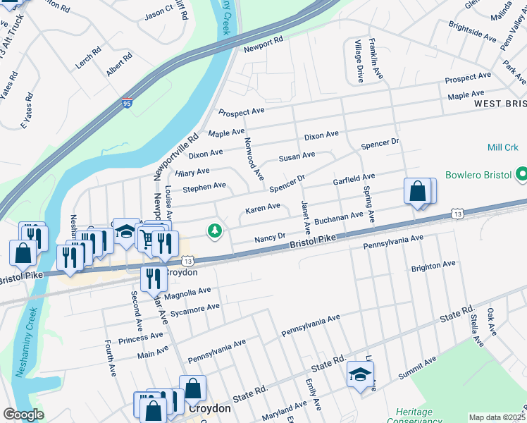map of restaurants, bars, coffee shops, grocery stores, and more near 1204 Karen Avenue in Croydon