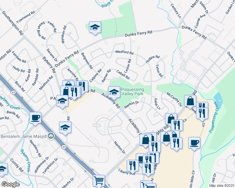 map of restaurants, bars, coffee shops, grocery stores, and more near 12499 Torrey Road in Philadelphia