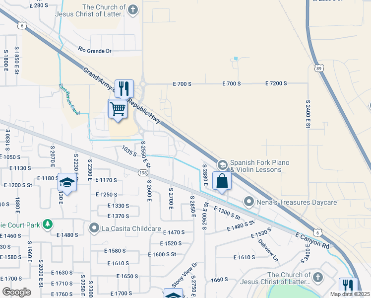 map of restaurants, bars, coffee shops, grocery stores, and more near 1013 South 2740 East in Spanish Fork