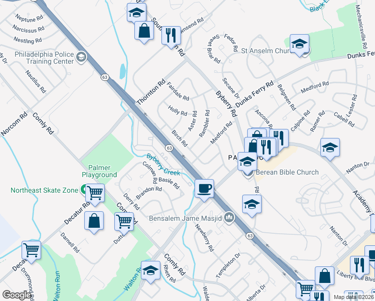 map of restaurants, bars, coffee shops, grocery stores, and more near 3266 Birch Road in Philadelphia