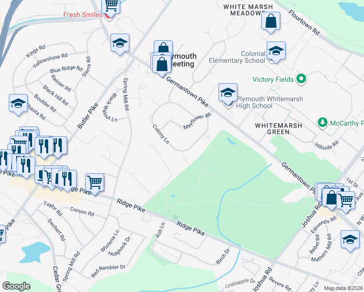 map of restaurants, bars, coffee shops, grocery stores, and more near 3150 Colony Lane in Plymouth Meeting