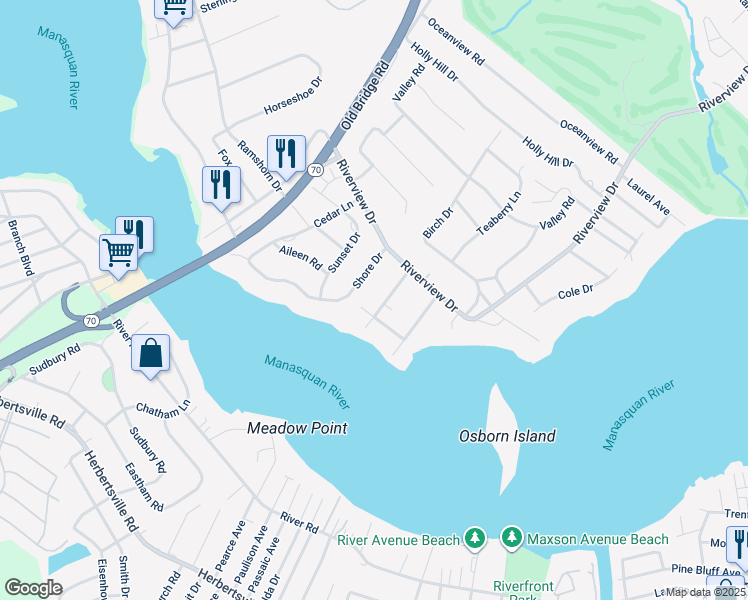 map of restaurants, bars, coffee shops, grocery stores, and more near 1009 Forrest Rd in Brielle
