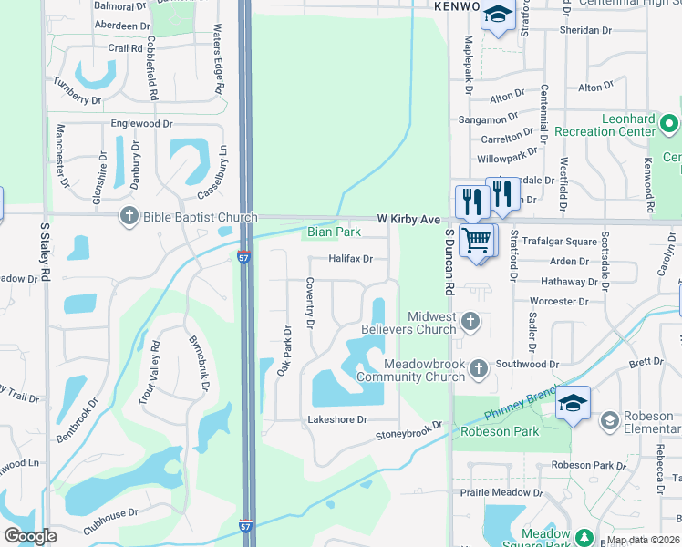 map of restaurants, bars, coffee shops, grocery stores, and more near 3310 Roxford Dr in Champaign
