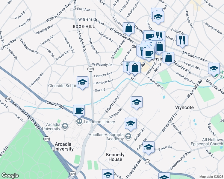 map of restaurants, bars, coffee shops, grocery stores, and more near 301 Oak Road in Glenside