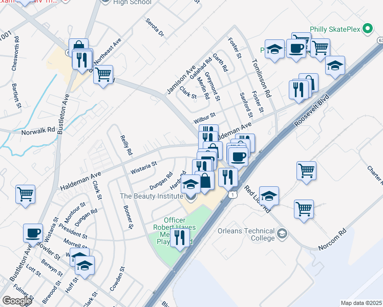 map of restaurants, bars, coffee shops, grocery stores, and more near 9986 Wistaria Street in Philadelphia