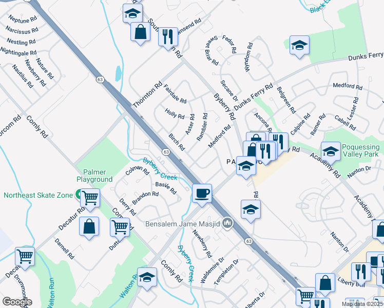 map of restaurants, bars, coffee shops, grocery stores, and more near 3247 Birch Road in Philadelphia
