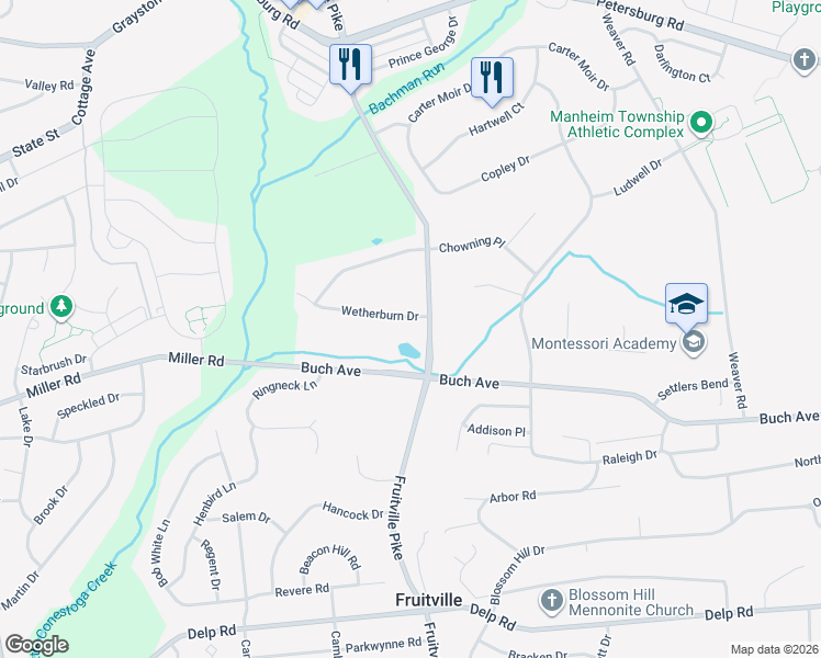 map of restaurants, bars, coffee shops, grocery stores, and more near 400 Wetherburn Drive in Lancaster