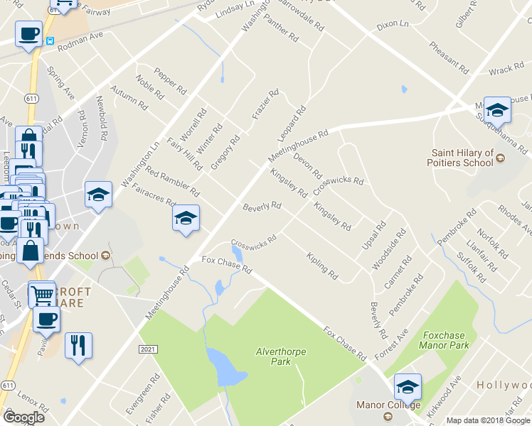 map of restaurants, bars, coffee shops, grocery stores, and more near 1148 Beverly Road in Jenkintown