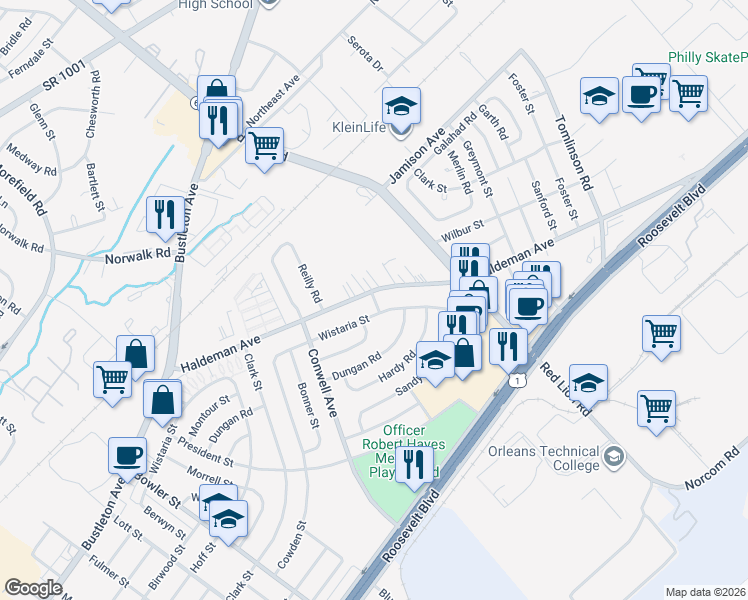 map of restaurants, bars, coffee shops, grocery stores, and more near 2000 Montour Street in Philadelphia