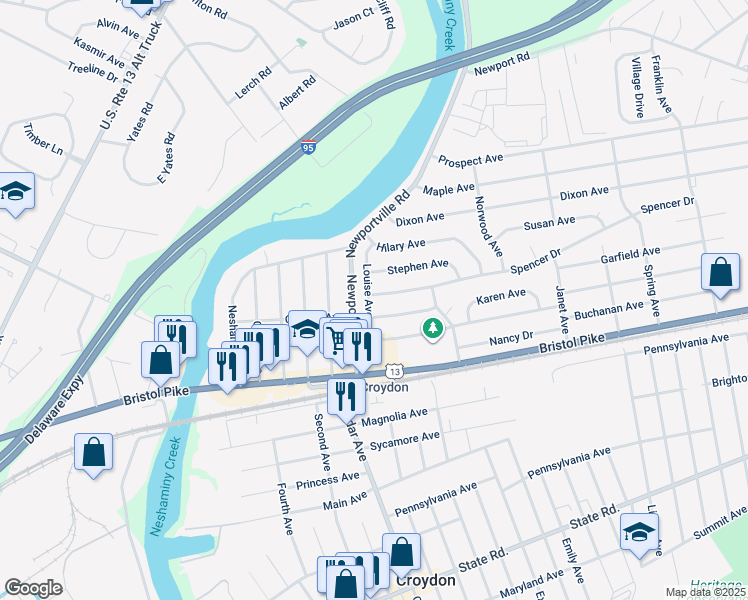 map of restaurants, bars, coffee shops, grocery stores, and more near 910 Spencer Drive in Croydon
