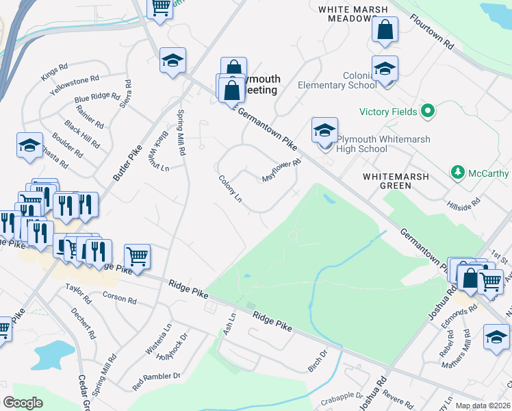 map of restaurants, bars, coffee shops, grocery stores, and more near 3150 Colony Lane in Plymouth Meeting
