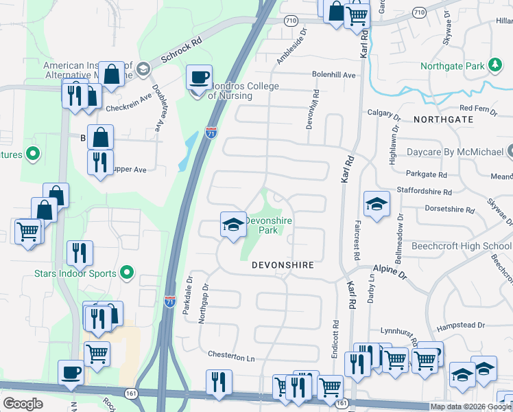map of restaurants, bars, coffee shops, grocery stores, and more near 6360-6370 Ambleside Court in Columbus