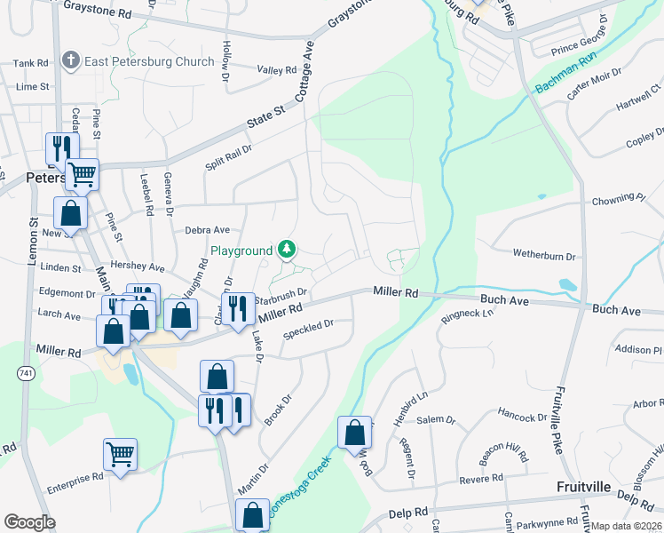 map of restaurants, bars, coffee shops, grocery stores, and more near 2571 Camas Lane in East Petersburg