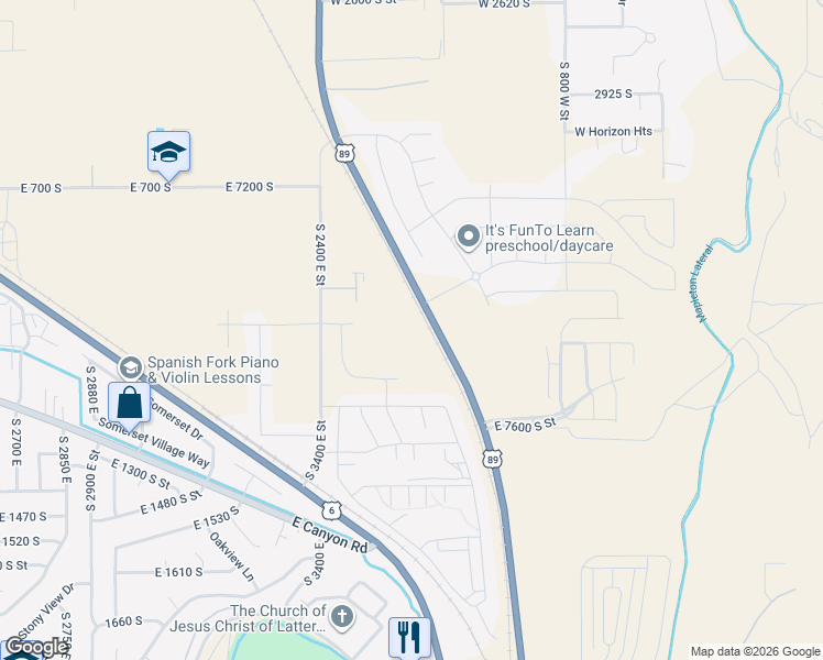 map of restaurants, bars, coffee shops, grocery stores, and more near 1023 South 3600 East in Spanish Fork