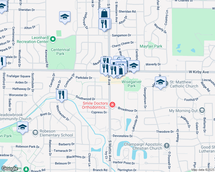 map of restaurants, bars, coffee shops, grocery stores, and more near 1619 South Mattis Avenue in Champaign