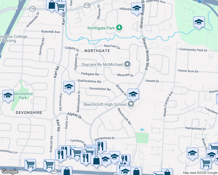 map of restaurants, bars, coffee shops, grocery stores, and more near 1850 Dorsetshire Road in Columbus