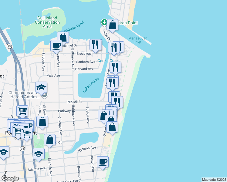 map of restaurants, bars, coffee shops, grocery stores, and more near 229 Ocean Avenue in Point Pleasant Beach