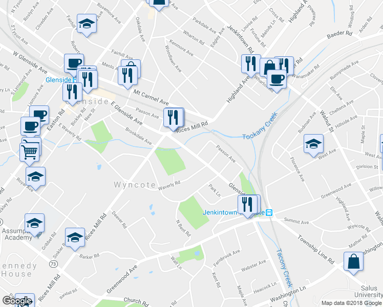 map of restaurants, bars, coffee shops, grocery stores, and more near 820 Glenside Ave in Wyncote