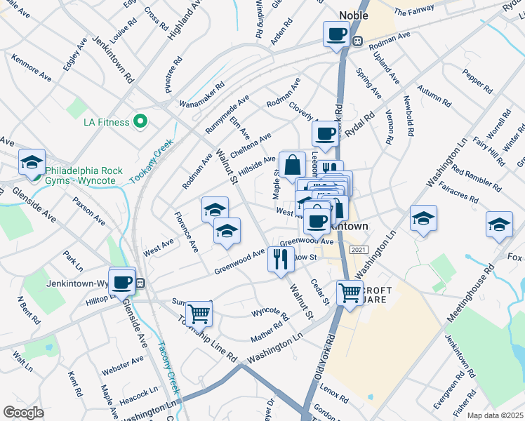 map of restaurants, bars, coffee shops, grocery stores, and more near 408 West Avenue in Jenkintown