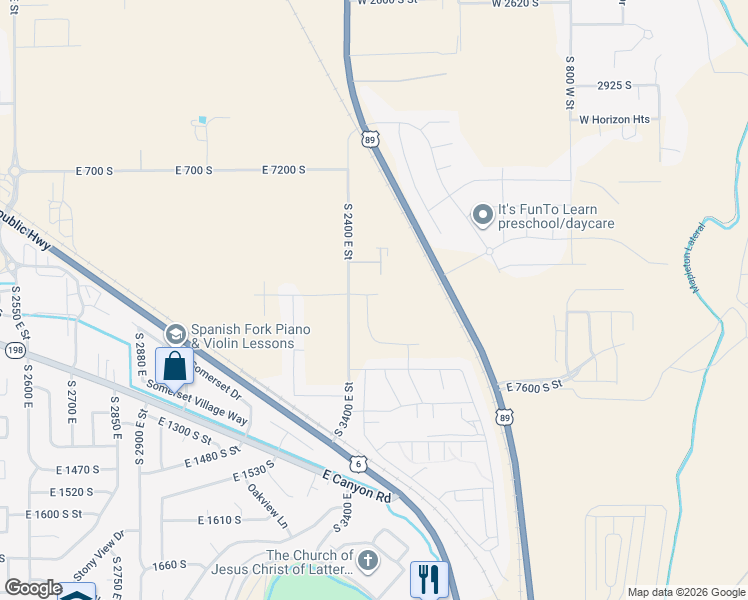 map of restaurants, bars, coffee shops, grocery stores, and more near 3458 East 1000 South in Spanish Fork
