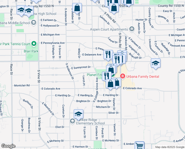 map of restaurants, bars, coffee shops, grocery stores, and more near 1003 East Burkwood Drive in Urbana