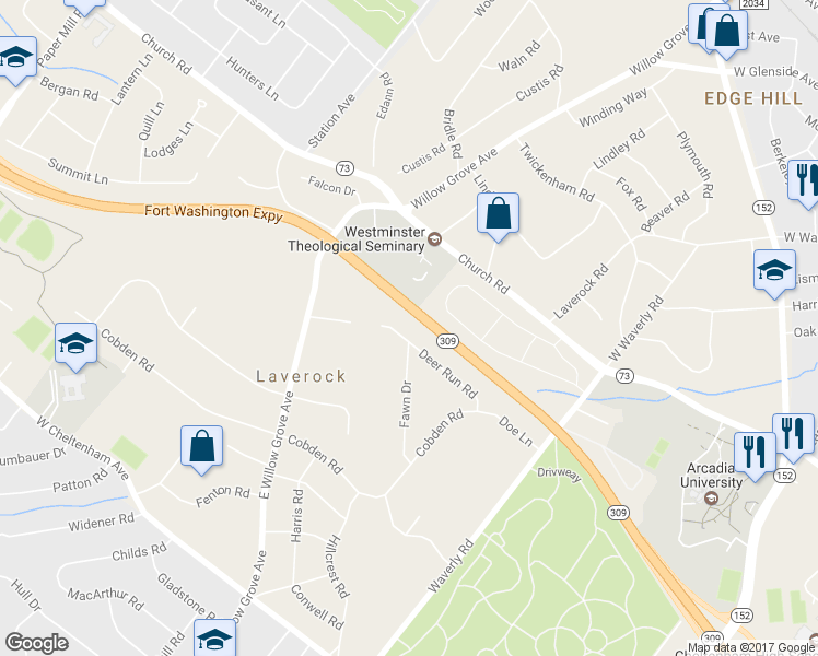 map of restaurants, bars, coffee shops, grocery stores, and more near 7905 Deer Run Road in Laverock