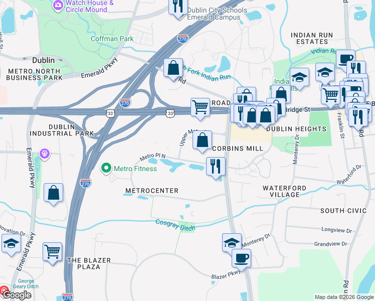 map of restaurants, bars, coffee shops, grocery stores, and more near 450 Metro Place North in Dublin