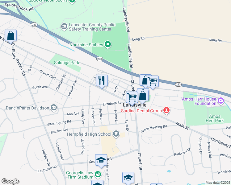 map of restaurants, bars, coffee shops, grocery stores, and more near 233 Main St in Salunga-Landisville