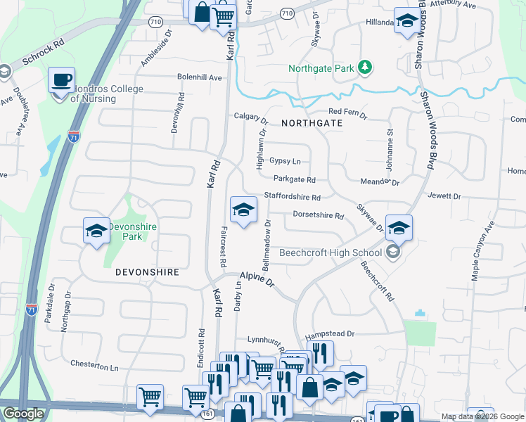 map of restaurants, bars, coffee shops, grocery stores, and more near 6321 Bellmeadow Drive in Columbus