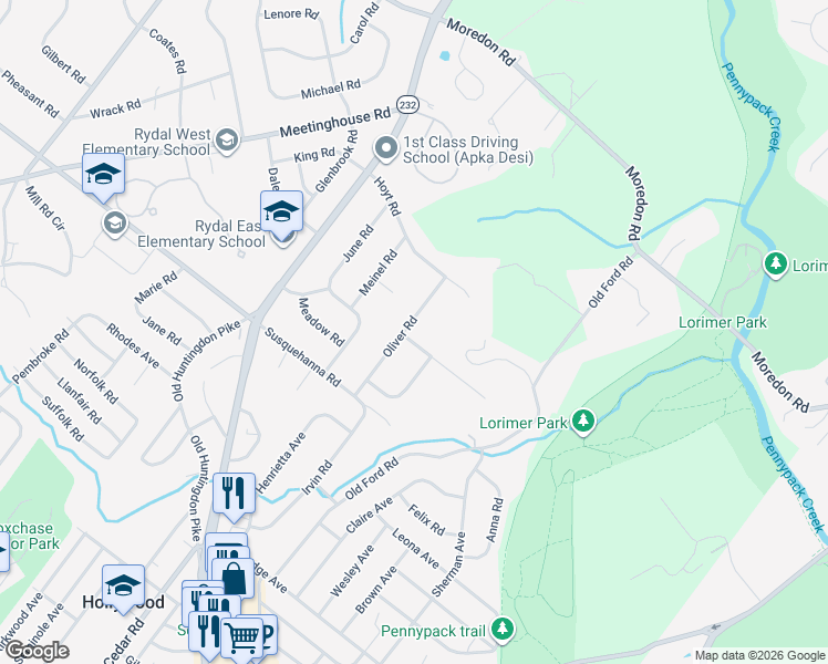 map of restaurants, bars, coffee shops, grocery stores, and more near 1207 Oliver Road in Montgomery County