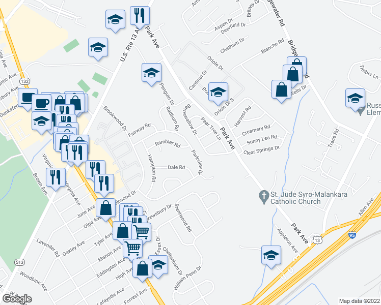 map of restaurants, bars, coffee shops, grocery stores, and more near 3421 Parkview Drive in Bensalem