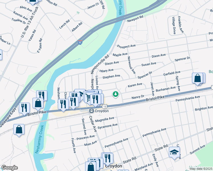 map of restaurants, bars, coffee shops, grocery stores, and more near 908 Spencer Drive in Croydon