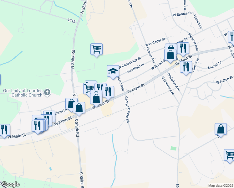 map of restaurants, bars, coffee shops, grocery stores, and more near 611 West Main Street in New Holland