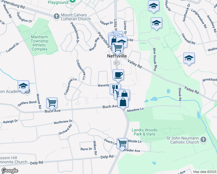 map of restaurants, bars, coffee shops, grocery stores, and more near 36 Waverly Avenue in Lancaster