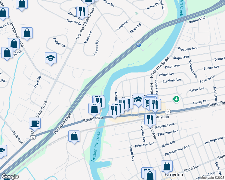 map of restaurants, bars, coffee shops, grocery stores, and more near 221 Neshaminy Road in Croydon