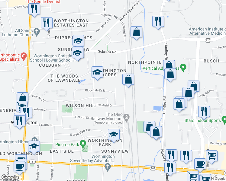 map of restaurants, bars, coffee shops, grocery stores, and more near 1171 Eastfield Road in Worthington