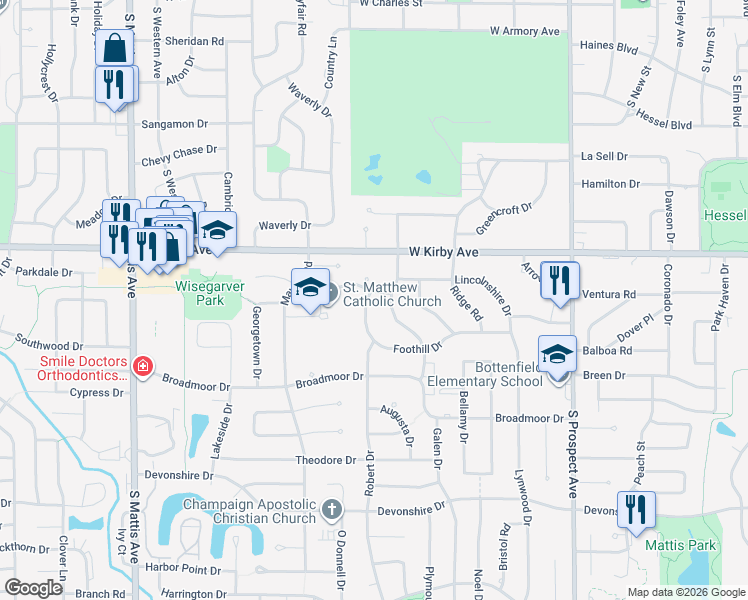 map of restaurants, bars, coffee shops, grocery stores, and more near 1226 Foothill Drive in Champaign