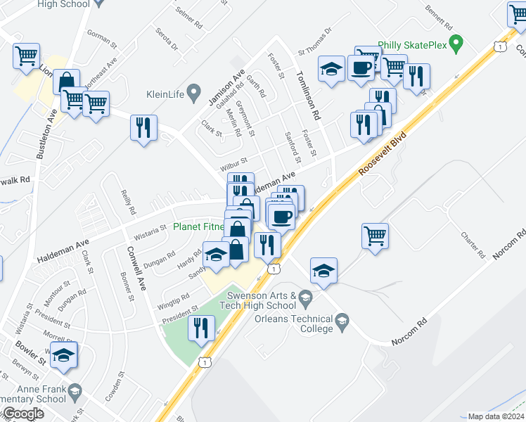 map of restaurants, bars, coffee shops, grocery stores, and more near 2109 Red Lion Road in Philadelphia