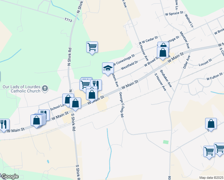 map of restaurants, bars, coffee shops, grocery stores, and more near 611 West Main Street in New Holland