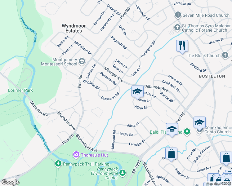 map of restaurants, bars, coffee shops, grocery stores, and more near 135 Greycourt Road in Philadelphia