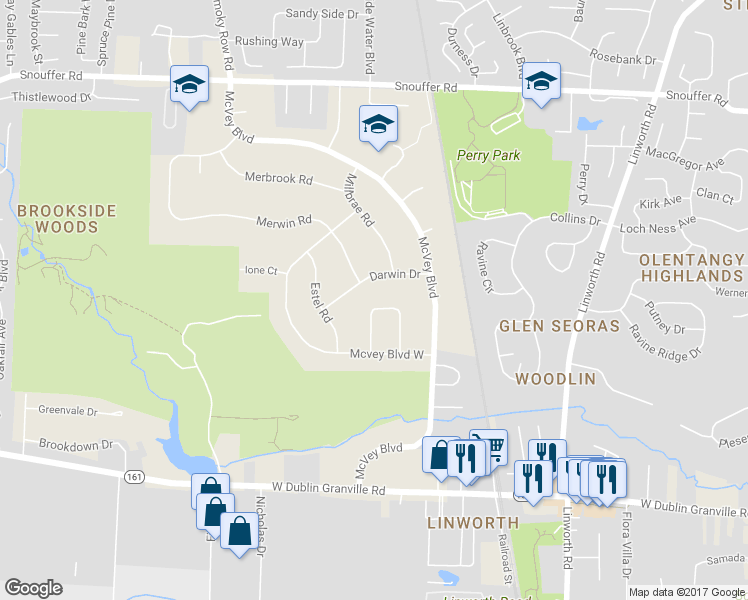 map of restaurants, bars, coffee shops, grocery stores, and more near 2520 Winston Court North in Columbus