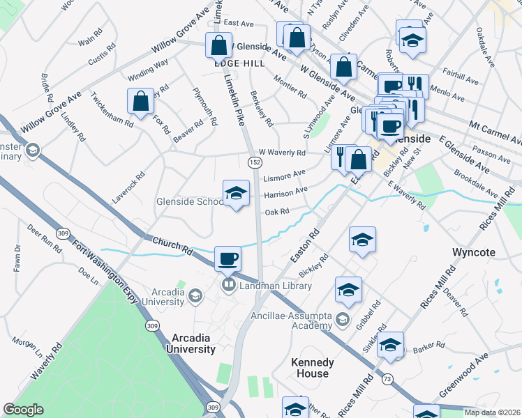 map of restaurants, bars, coffee shops, grocery stores, and more near 358 Oak Road in Glenside