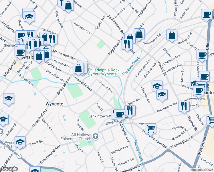 map of restaurants, bars, coffee shops, grocery stores, and more near 709 Paxson Avenue in Wyncote