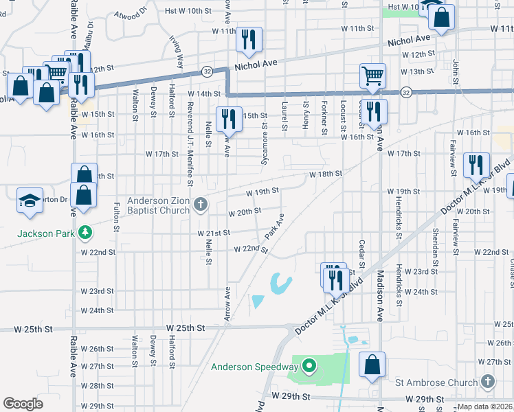map of restaurants, bars, coffee shops, grocery stores, and more near 1608 West 20th Street in Anderson