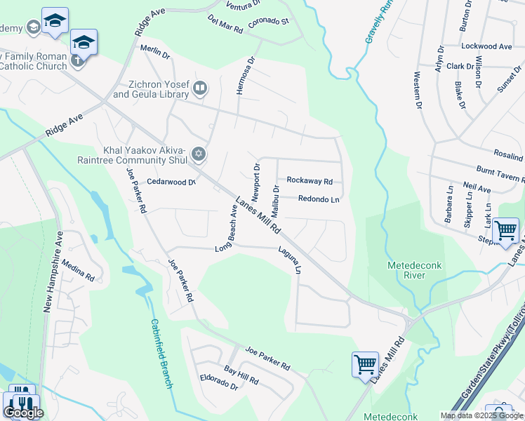 map of restaurants, bars, coffee shops, grocery stores, and more near 1502 Malibu Drive in Lakewood