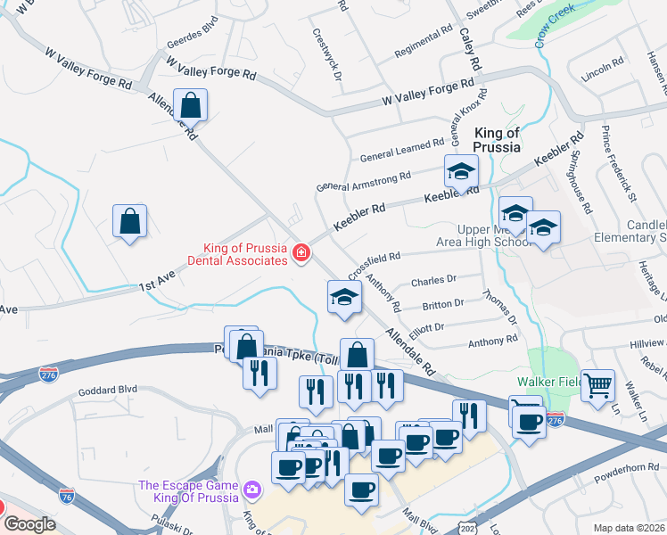 map of restaurants, bars, coffee shops, grocery stores, and more near 434 Allendale Road in King of Prussia