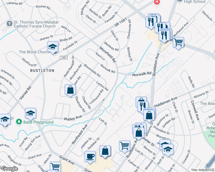 map of restaurants, bars, coffee shops, grocery stores, and more near 1161 Bloomdale Road in Philadelphia