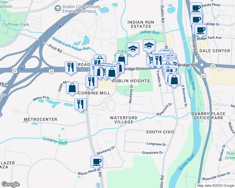 map of restaurants, bars, coffee shops, grocery stores, and more near 345 Clover Lane in Dublin