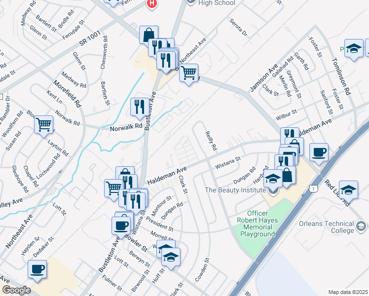 map of restaurants, bars, coffee shops, grocery stores, and more near 9926 Haldeman Avenue in Philadelphia